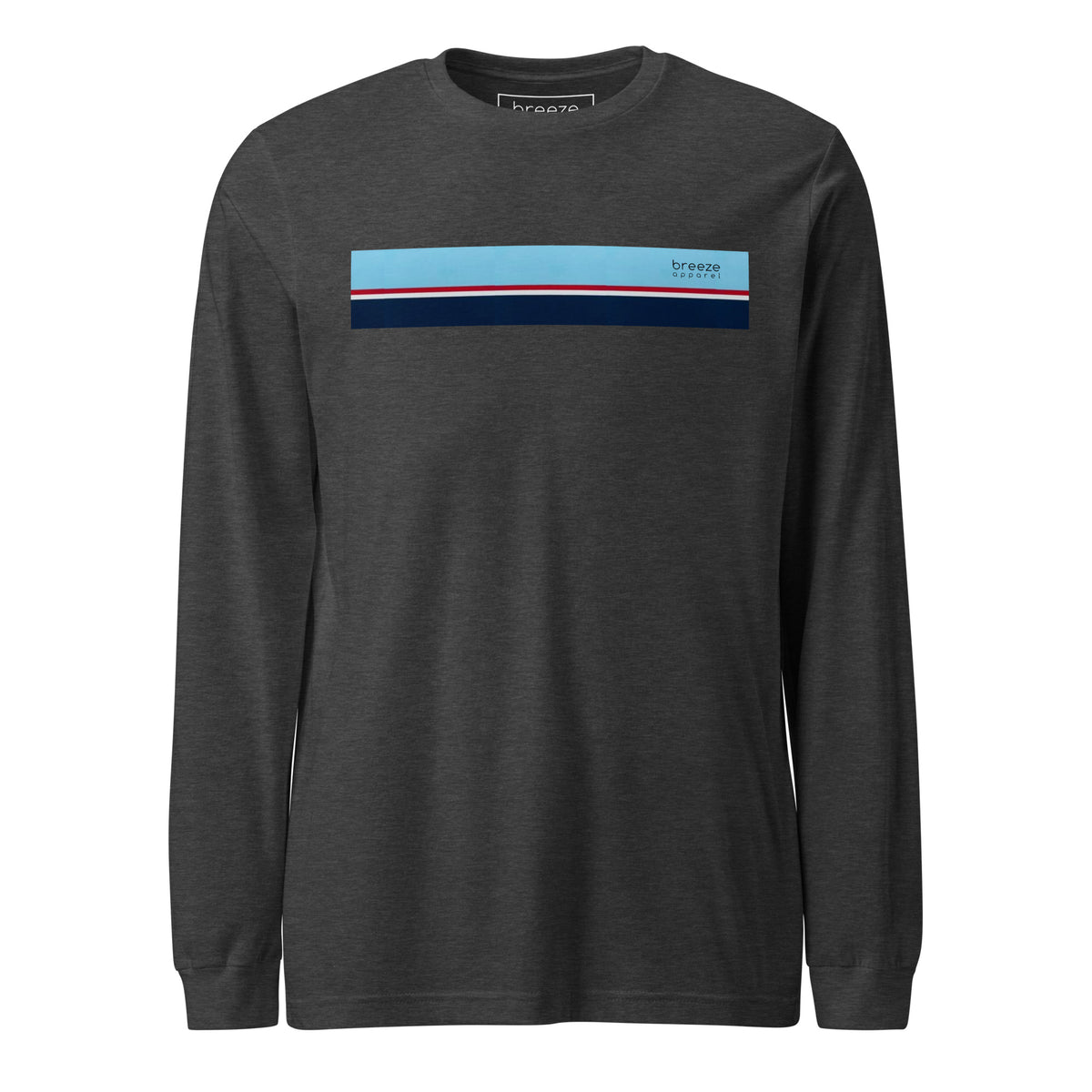 Dark-gray-heather long-sleeved shirt with horizontal blue, red, white, and navy stripe with small black 'breeze apparel' logo