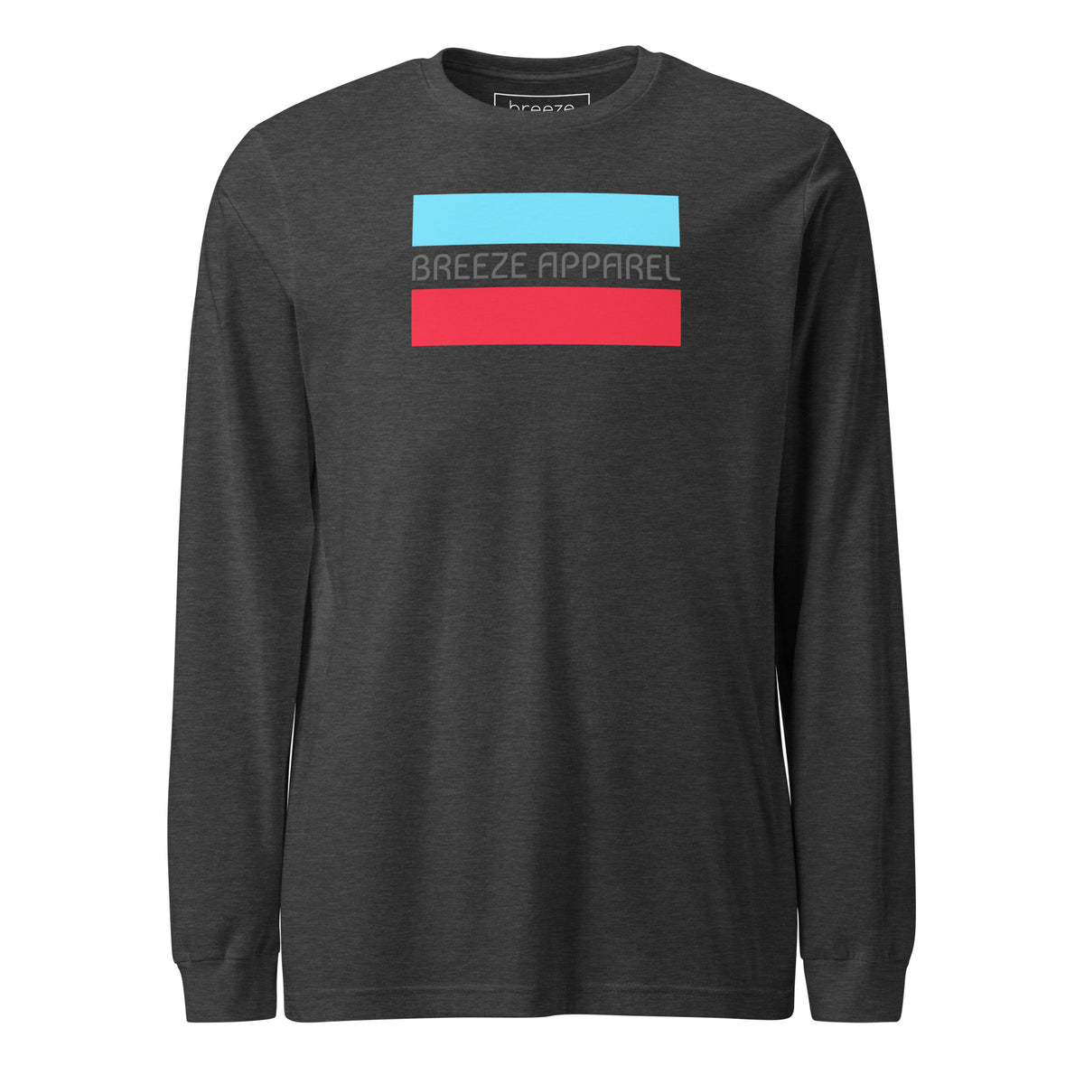 Dark-gray-heather long-sleeved shirt with gray 'Breeze Apparel' logo between horizontal bars, the top being light blue and the bottom being red