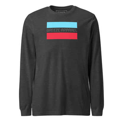 Dark-gray-heather long-sleeved shirt with gray 'Breeze Apparel' logo between horizontal bars, the top being light blue and the bottom being red