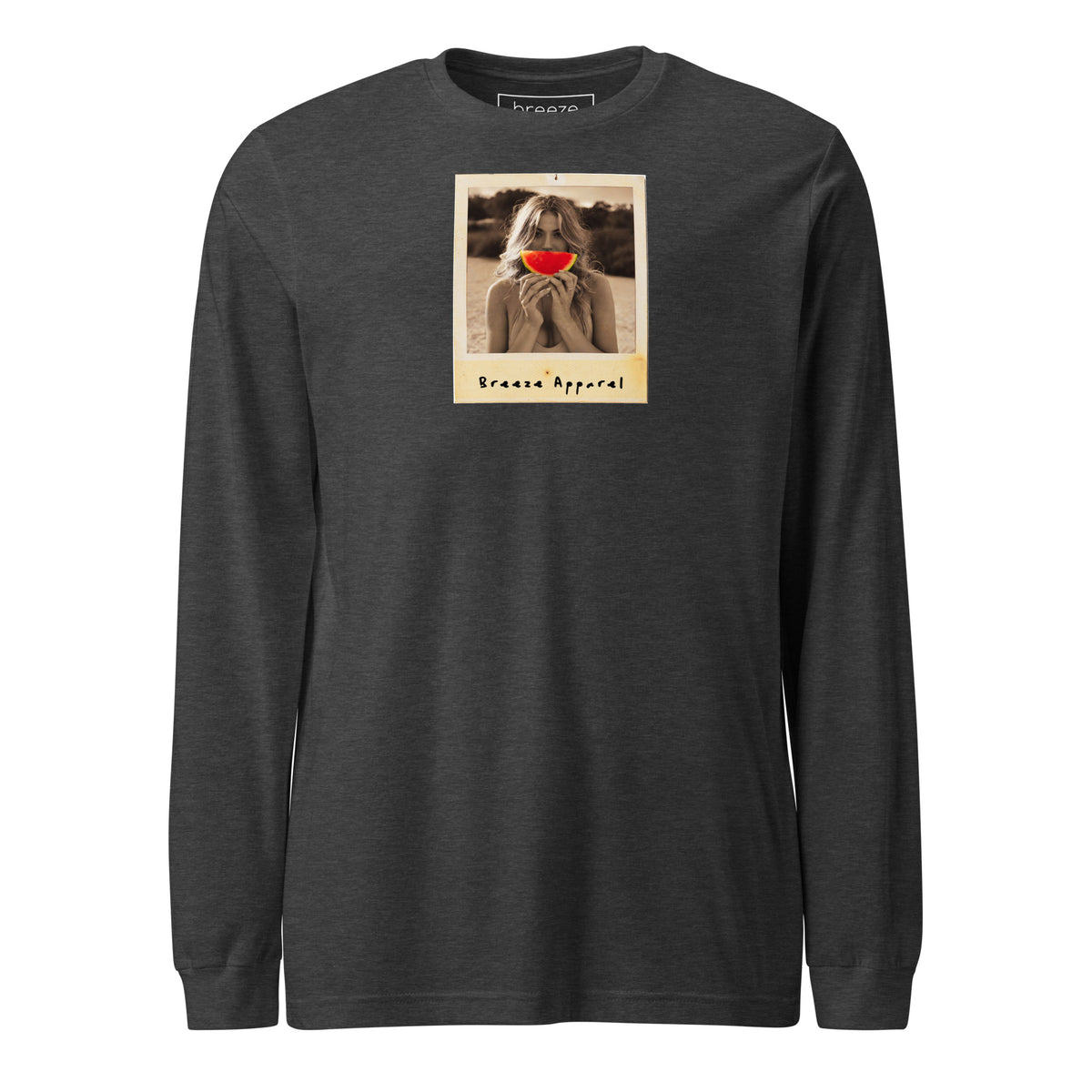 Dark-gray long-sleeved shirt with graphic of woman holding a watermelon slice in front of her mouth.