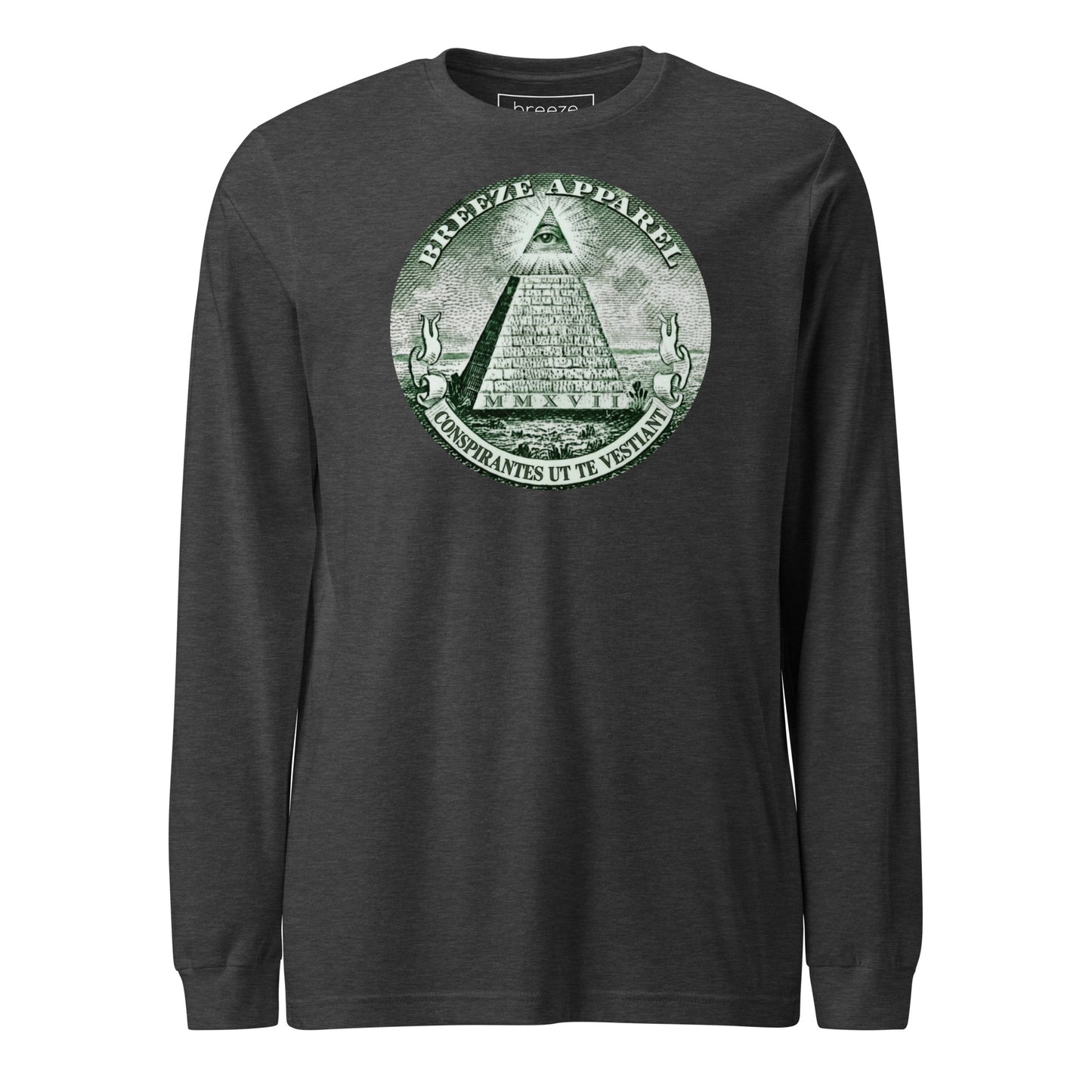 Gray, long-sleeved shirt with graphic resembling pyramid from US one-dollar bill.