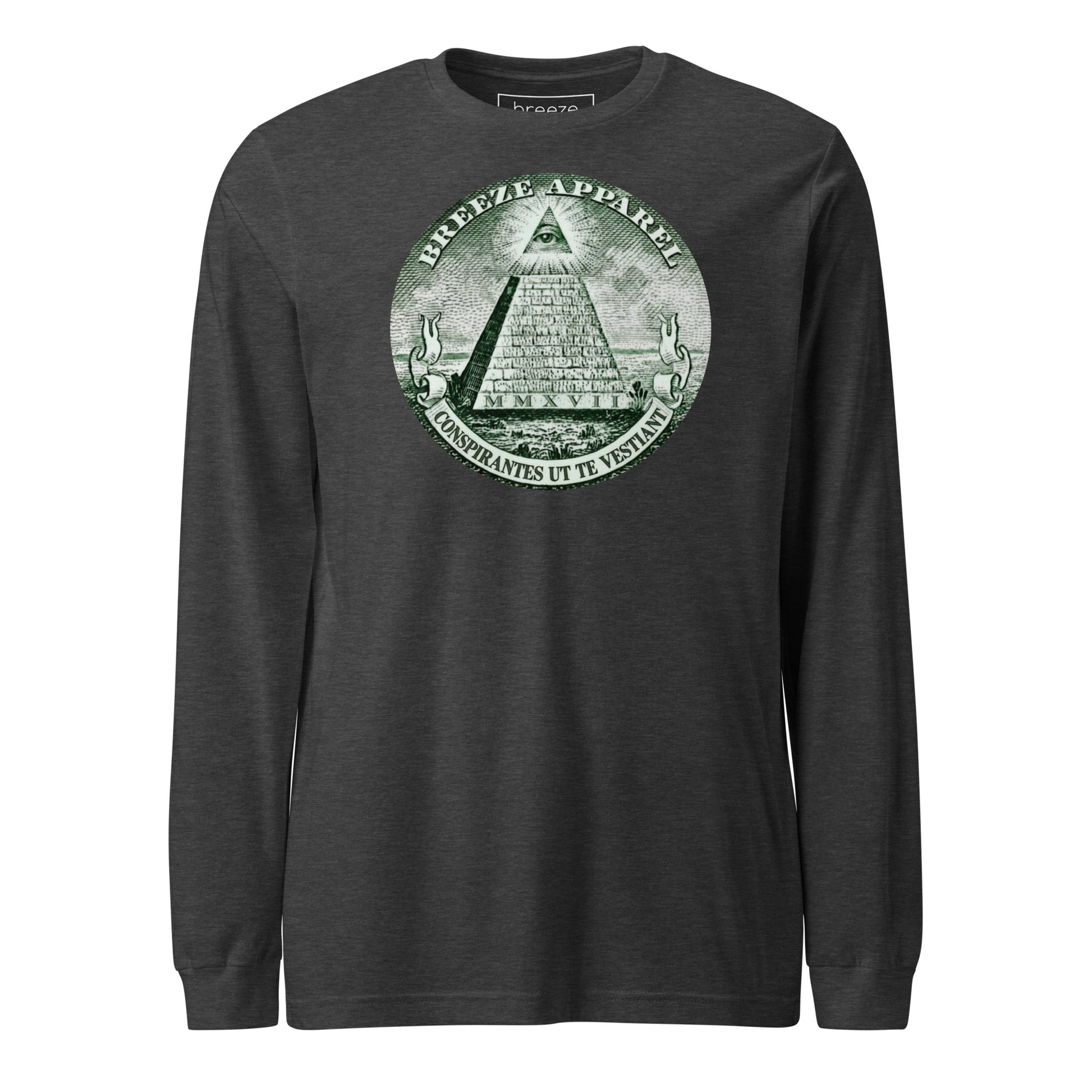 Gray, long-sleeved shirt with graphic resembling pyramid from US one-dollar bill.