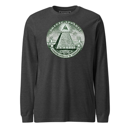 Gray, long-sleeved shirt with graphic resembling pyramid from US one-dollar bill.