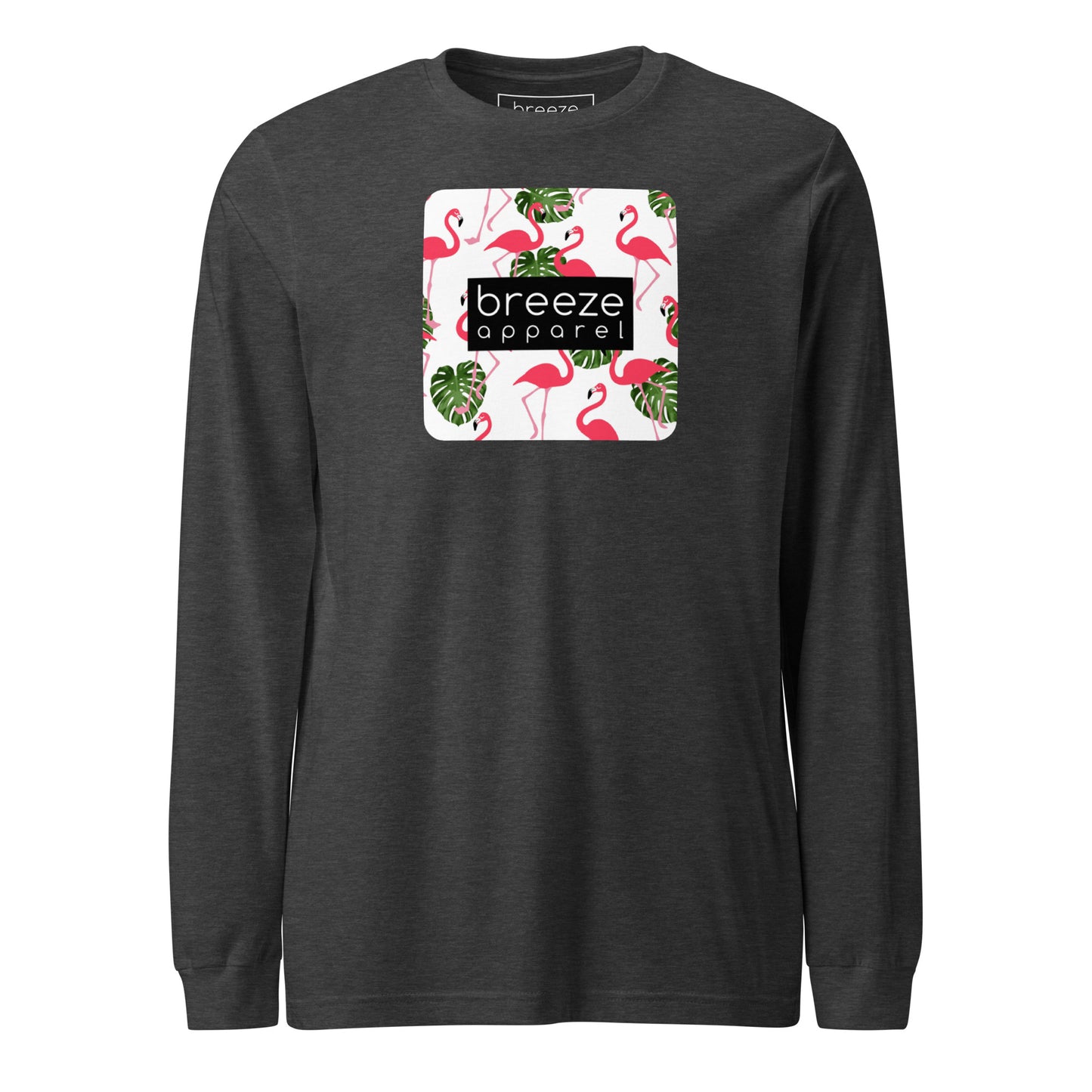 Gray long-sleeved shirt with pattern of flamingos inside of a square, overlaid with a black box with 'breeze apparel' in white inside.