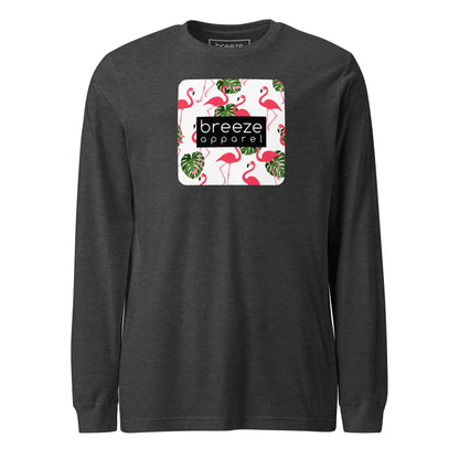 Gray long-sleeved shirt with pattern of flamingos inside of a square, overlaid with a black box with 'breeze apparel' in white inside.