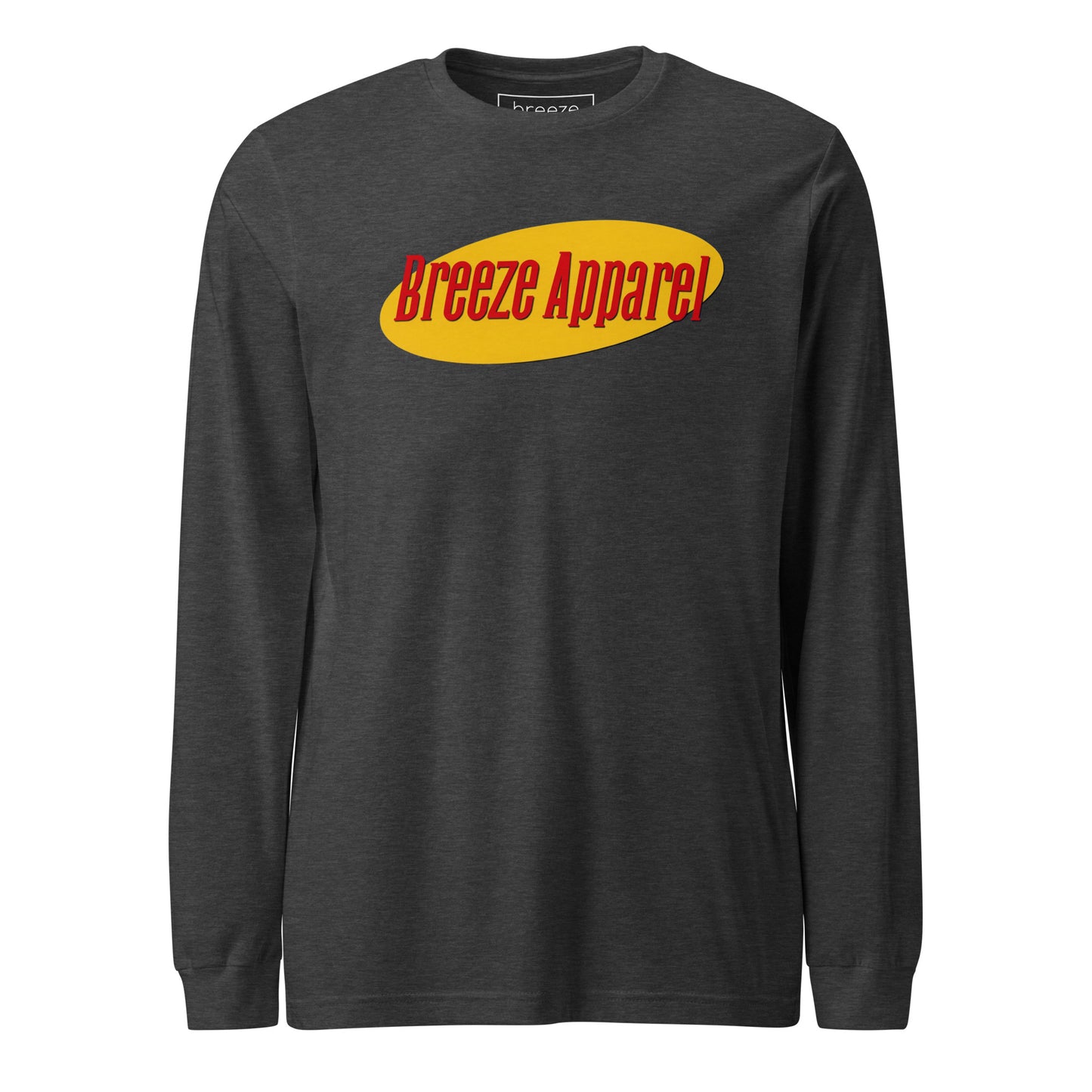 Gray long-sleeved shirt with graphic of "Breeze Apparel" in red set on a yellow oval.