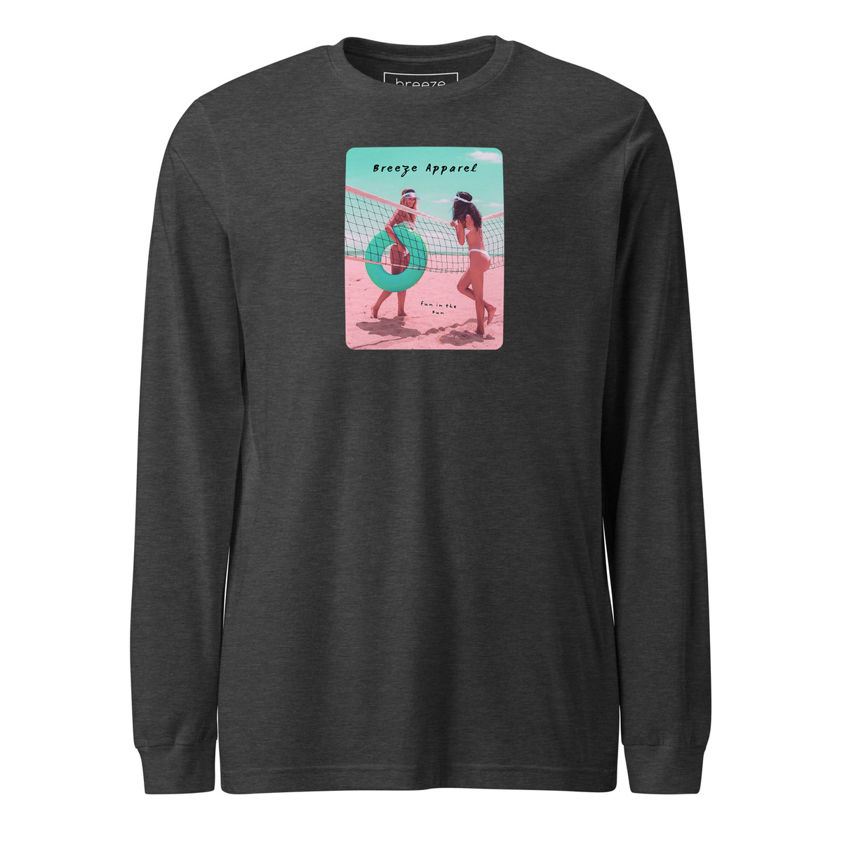 Gray long-sleeved shirt with colorful graphic of two women on the beach.