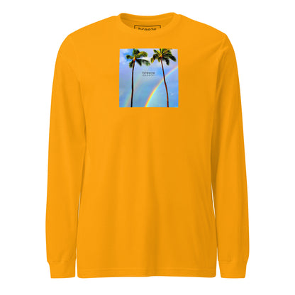 Gold long-sleeved shirt with a graphic of palm trees, rainbow, and a clear blue sky in the background. A small, black 'breeze apparel' logo is between the trees.
