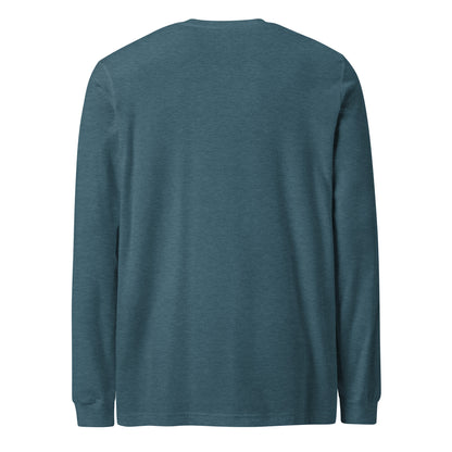 Plain back of a heather-deep-teal long-sleeved shirt