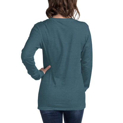 Rear view of woman wearing teal long-sleeved shirt.