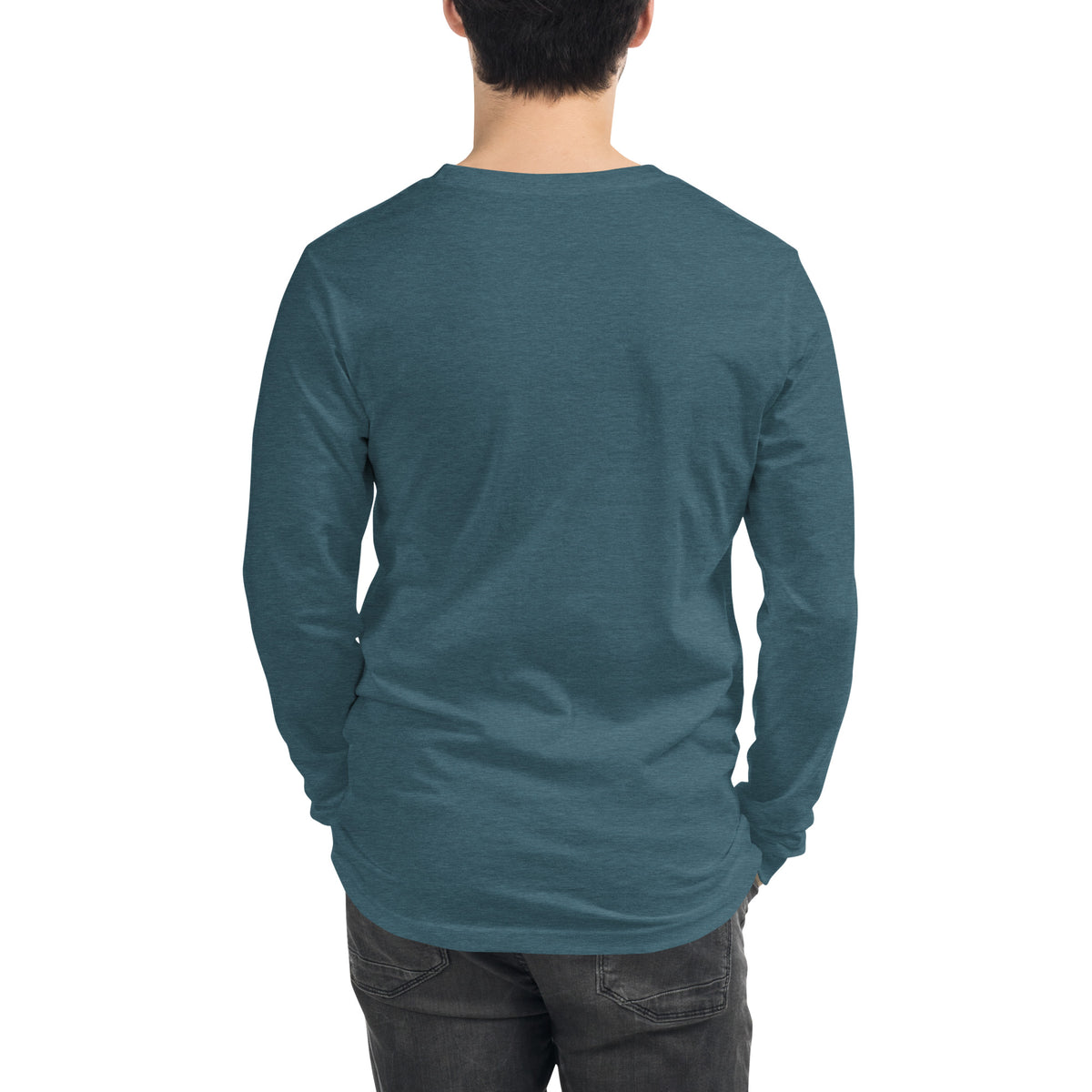 Rear view of man wearing teal long-sleeved shirt.