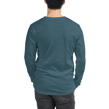 Rear view of man wearing teal long-sleeved shirt.