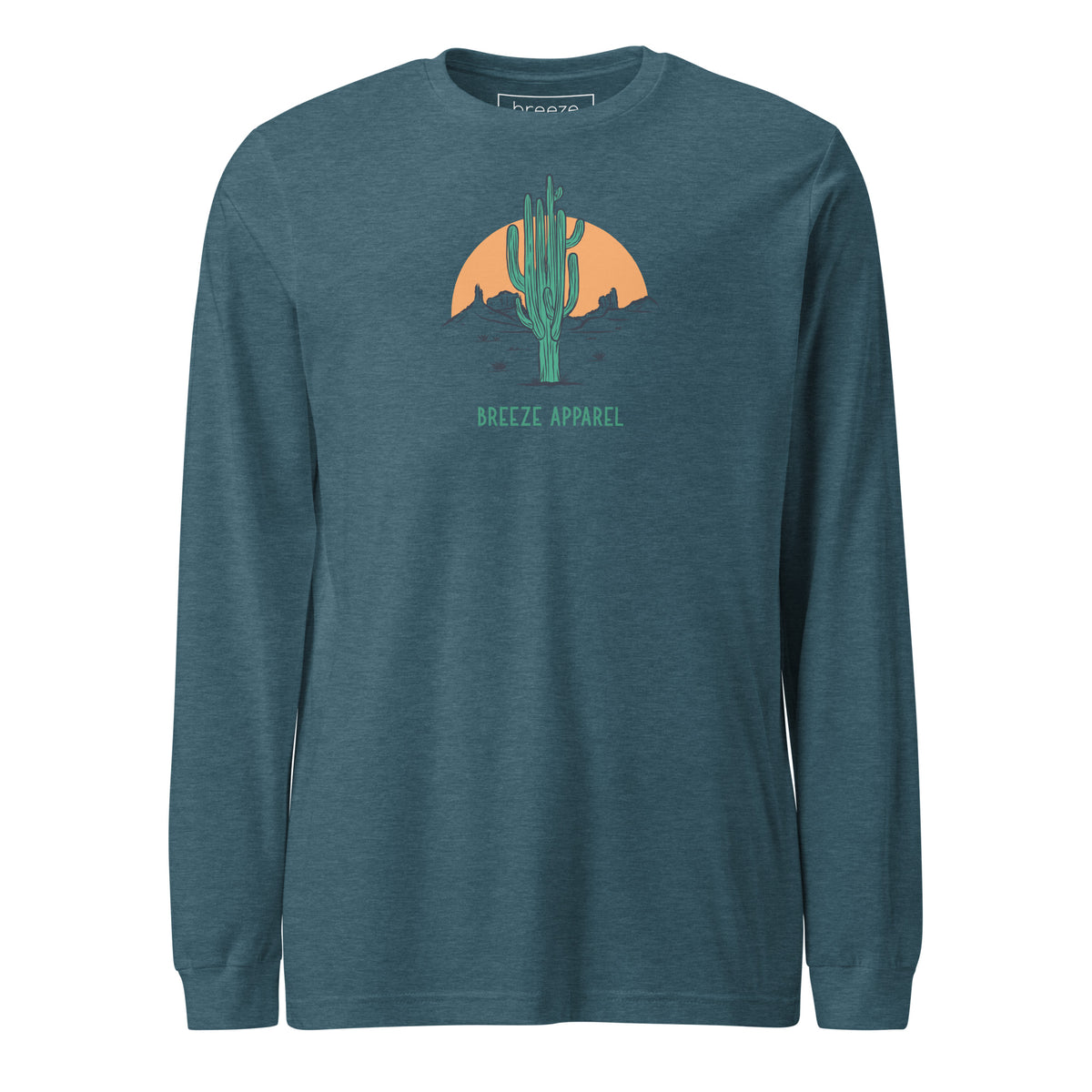 Heather-deep-teal long-sleeved shirt with a graphic of a cactus and sunset, with 'Breeze Apparel' written in green below.