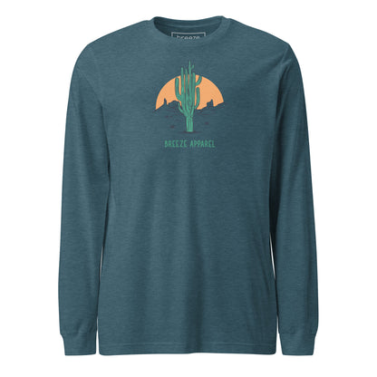 Heather-deep-teal long-sleeved shirt with a graphic of a cactus and sunset, with 'Breeze Apparel' written in green below.