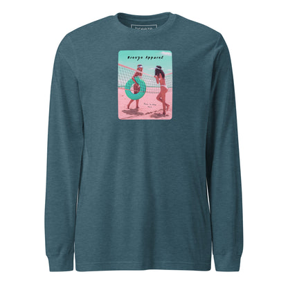 Teal long-sleeved shirt with colorful graphic of two women on the beach.