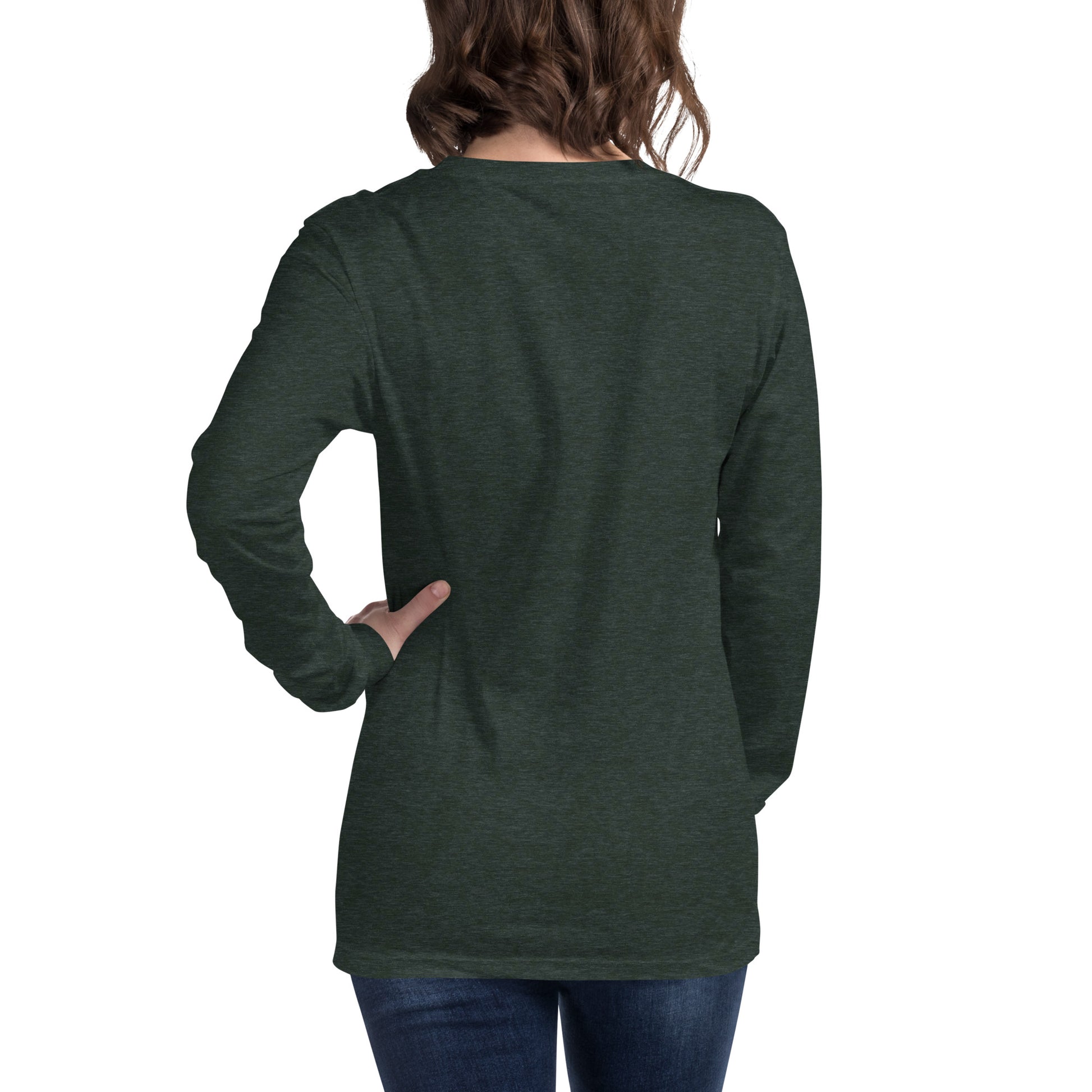 Rear view of woman wearing green, long-sleeved shirt.