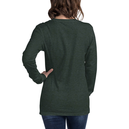 Rear view of woman wearing green, long-sleeved shirt.