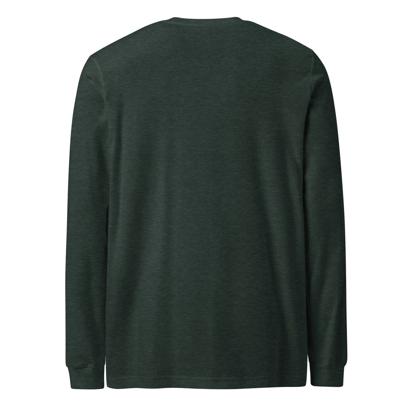 Plain back of green, long-sleeved shirt.