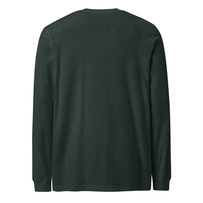 Plain back of green, long-sleeved shirt.