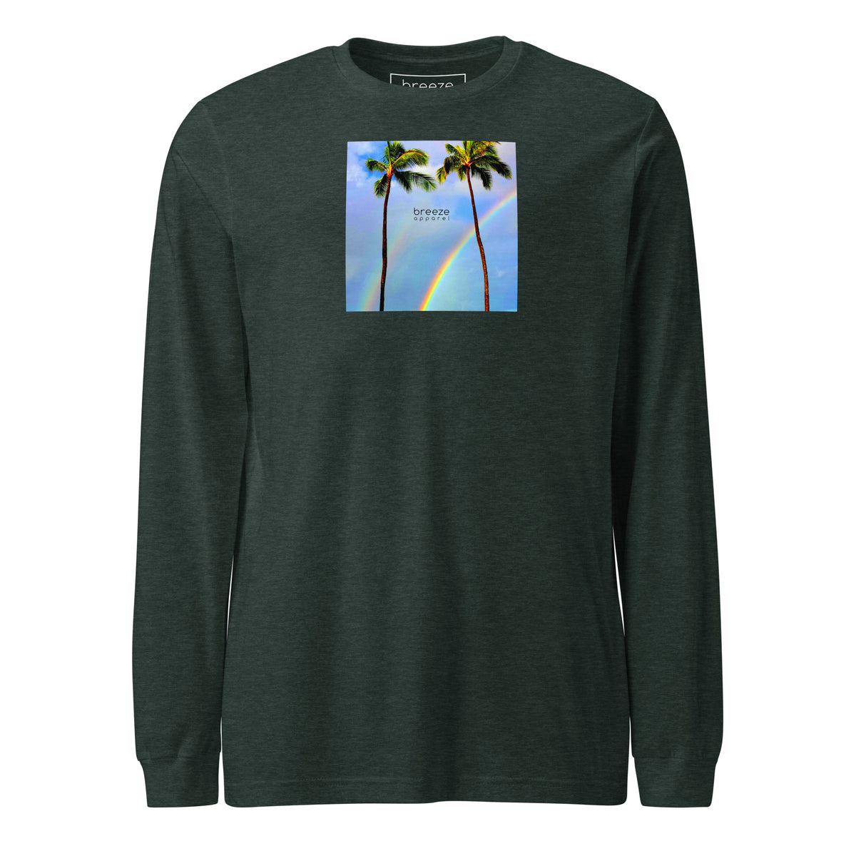 Heather-forest-green long-sleeved shirt with a graphic of palm trees, rainbow, and a clear blue sky in the background. A small, black 'breeze apparel' logo is between the trees.
