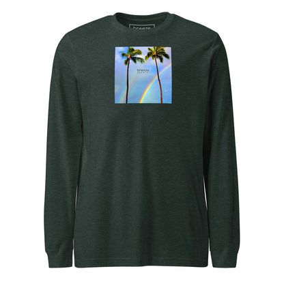 Heather-forest-green long-sleeved shirt with a graphic of palm trees, rainbow, and a clear blue sky in the background. A small, black 'breeze apparel' logo is between the trees.
