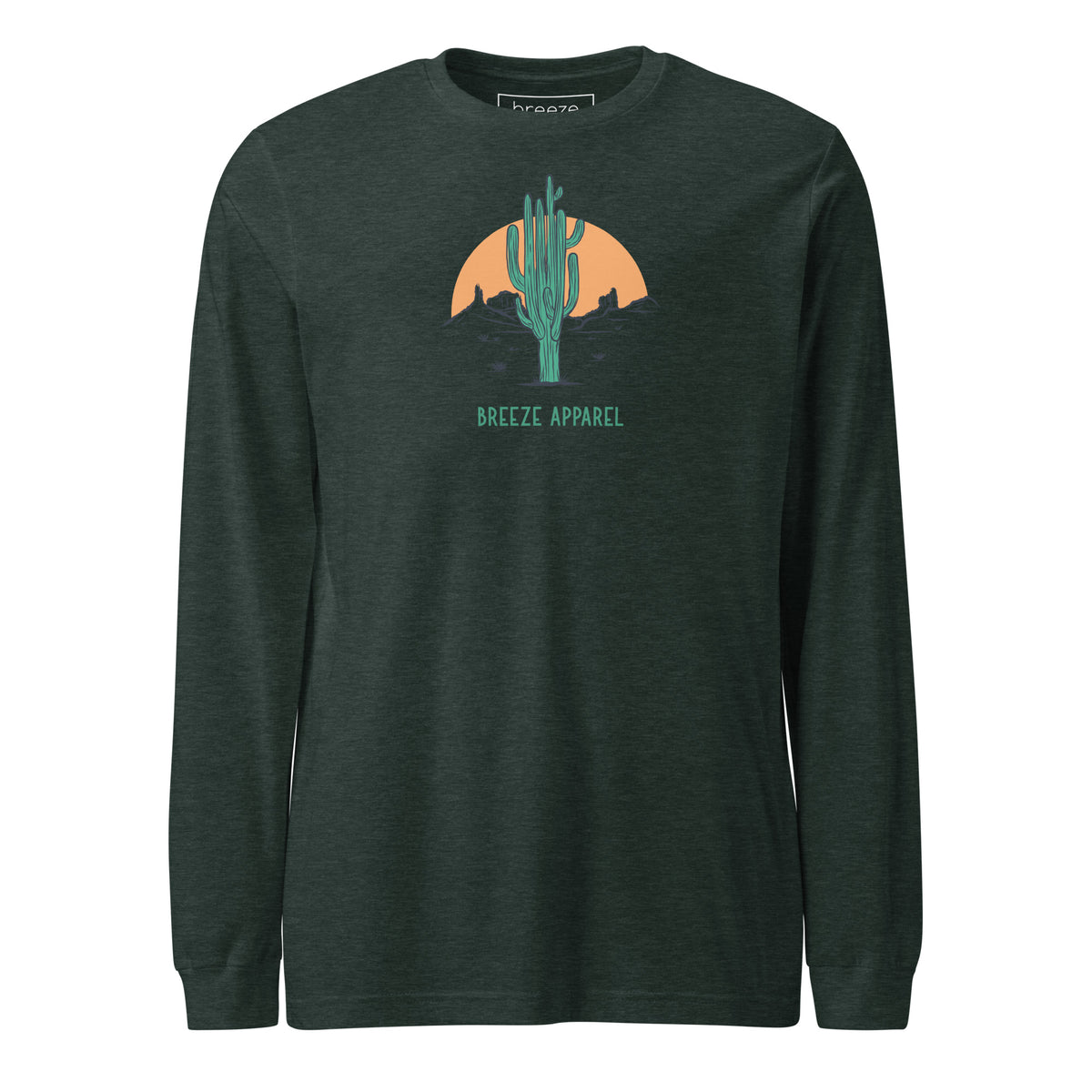 Heather-forest-green long-sleeved shirt with a graphic of a cactus and sunset, with 'Breeze Apparel' written in green below.