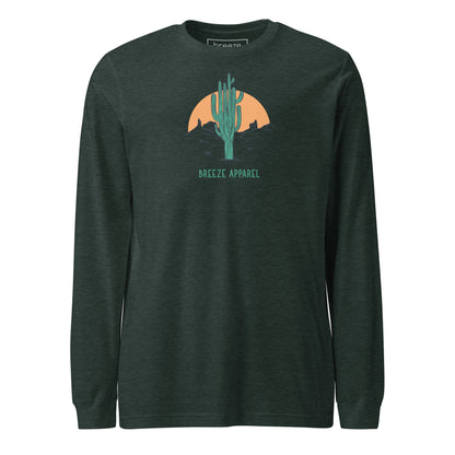 Heather-forest-green long-sleeved shirt with a graphic of a cactus and sunset, with 'Breeze Apparel' written in green below.