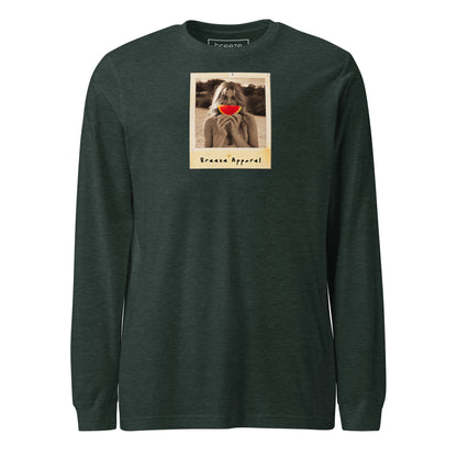 Forest-green long-sleeved shirt with graphic of woman holding a watermelon slice in front of her mouth.