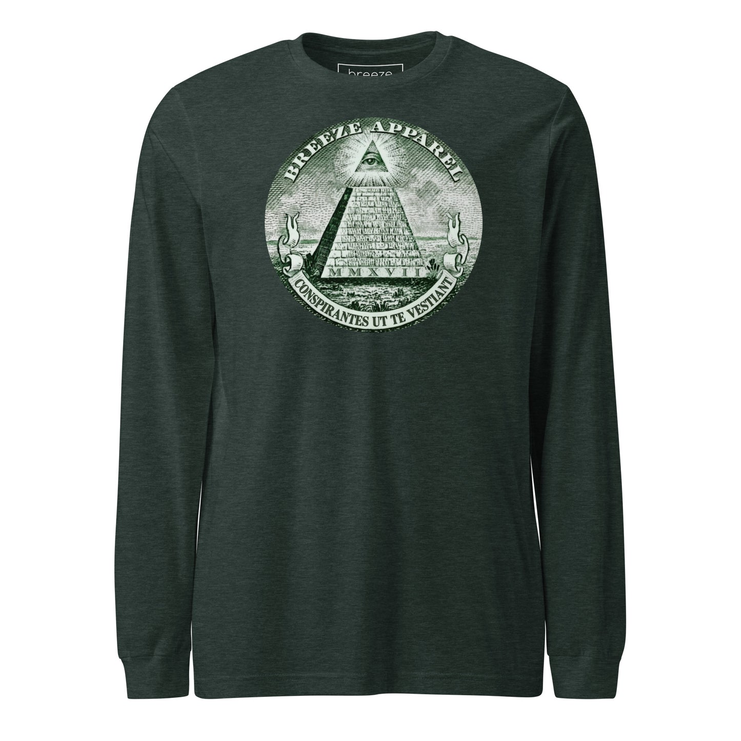 Green, long-sleeved shirt with graphic resembling pyramid from US one-dollar bill.
