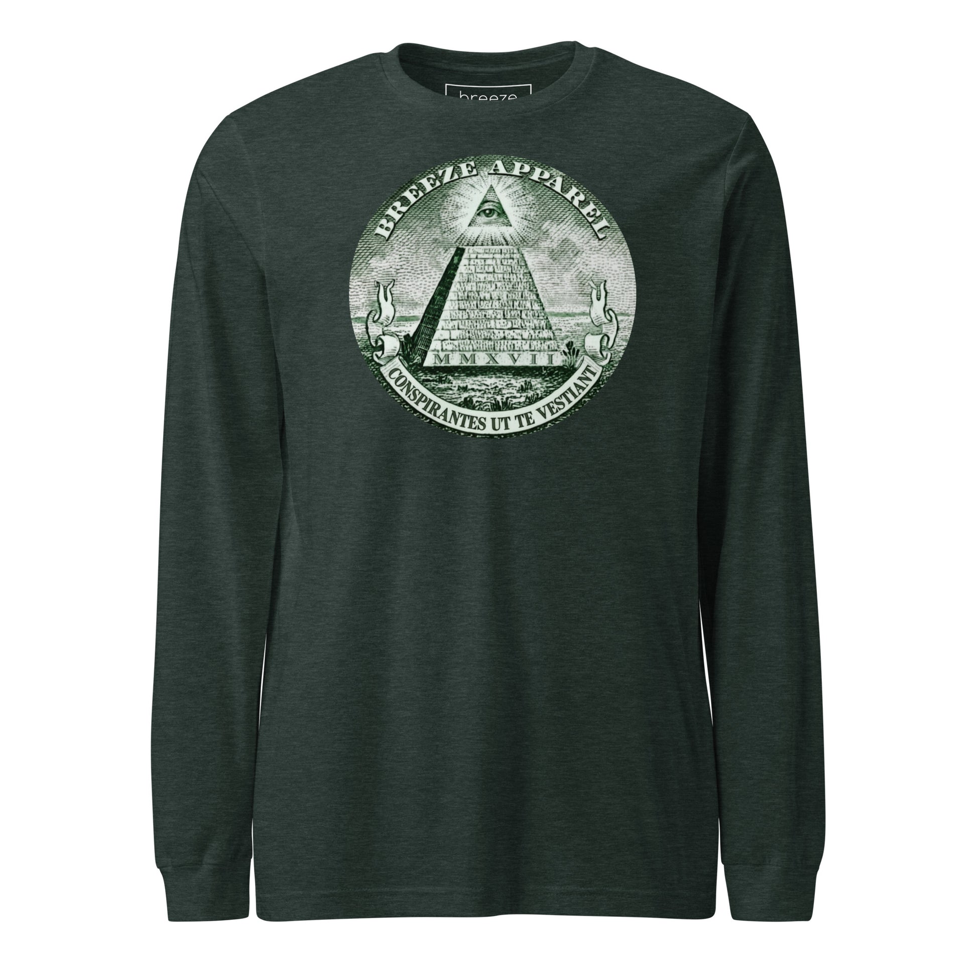 Green, long-sleeved shirt with graphic resembling pyramid from US one-dollar bill.