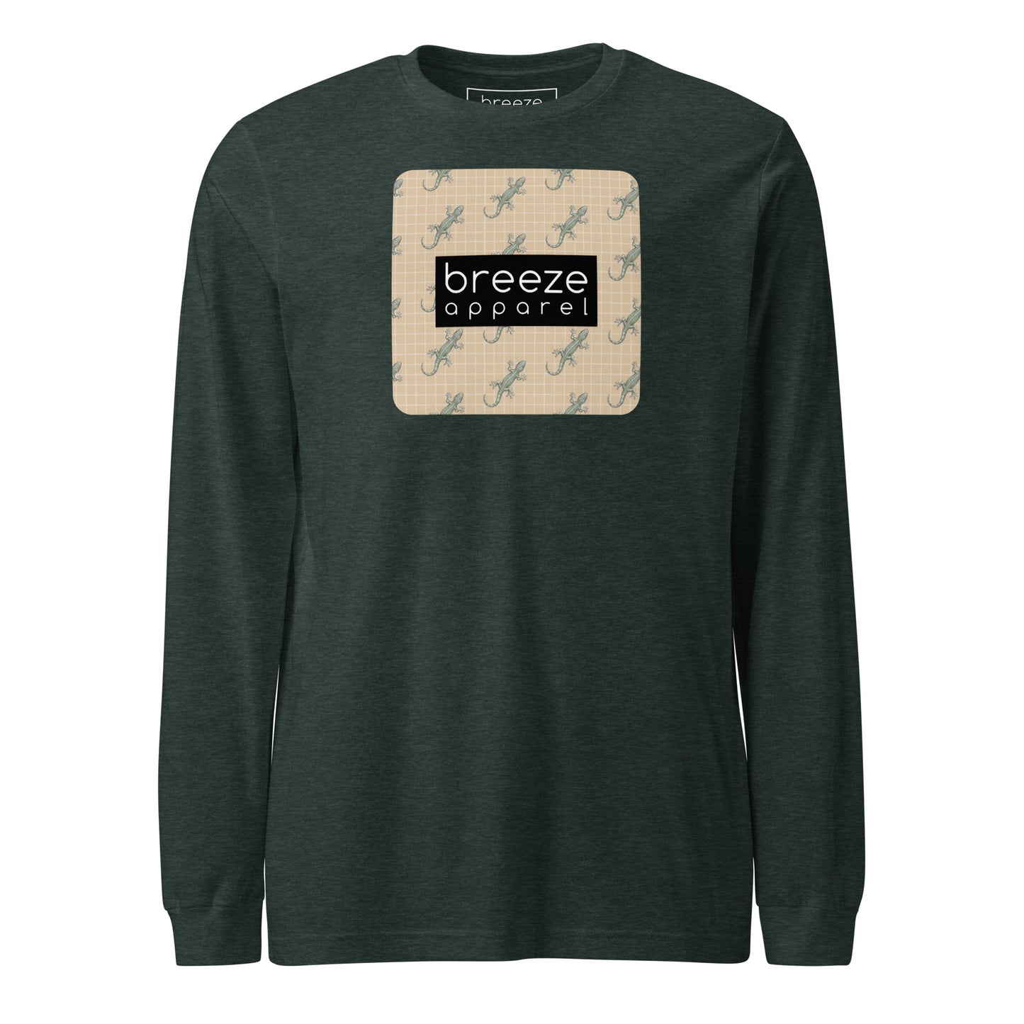 Green, long-sleeved shirt with square over chest that contains pattern of green geckos set on beige background, overlaid with black, rectangular logo with white lettering.