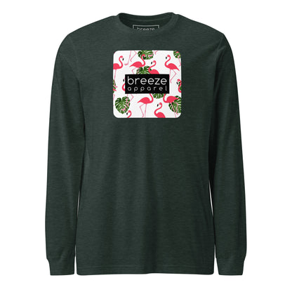 Green long-sleeved shirt with pattern of flamingos inside of a square, overlaid with a black box with 'breeze apparel' in white inside.