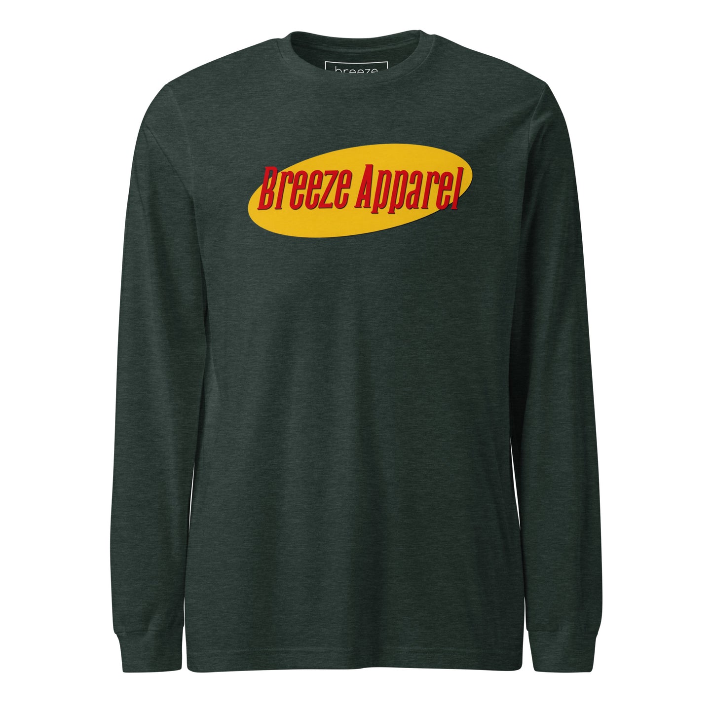 Green long-sleeved shirt with graphic of "Breeze Apparel" in red set on a yellow oval.