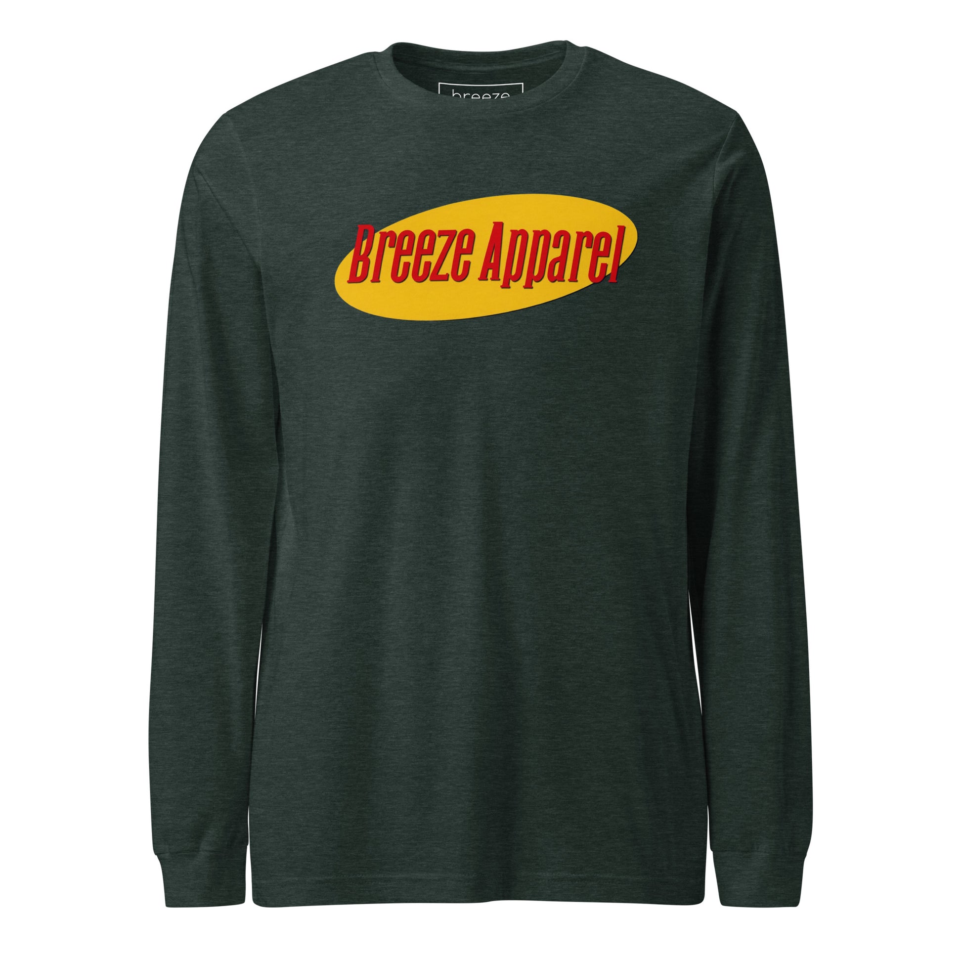 Green long-sleeved shirt with graphic of "Breeze Apparel" in red set on a yellow oval.