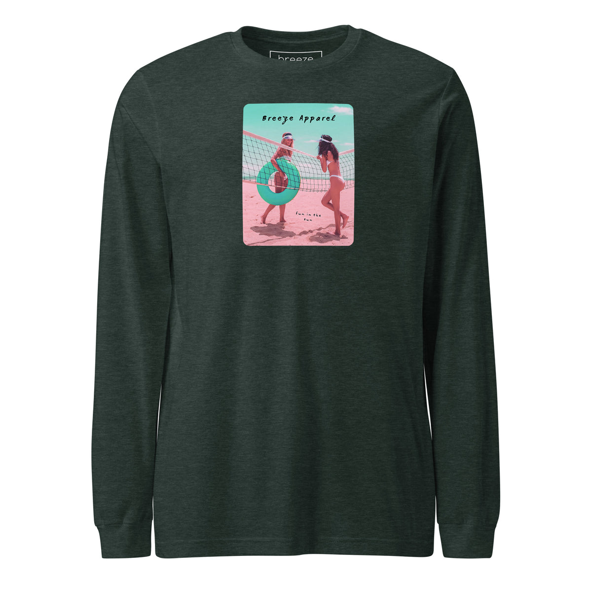 Green long-sleeved shirt with colorful graphic of two women on the beach.
