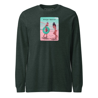 Green long-sleeved shirt with colorful graphic of two women on the beach.