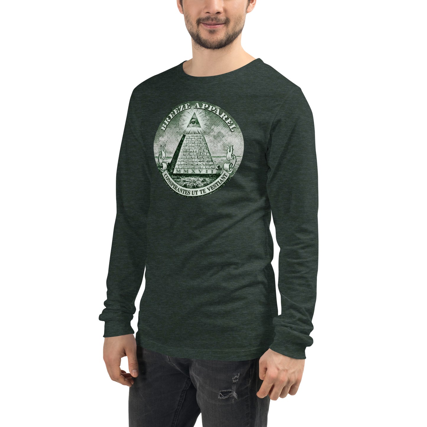 Man wearing green, long-sleeved shirt with graphic resembling pyramid from US one-dollar bill.