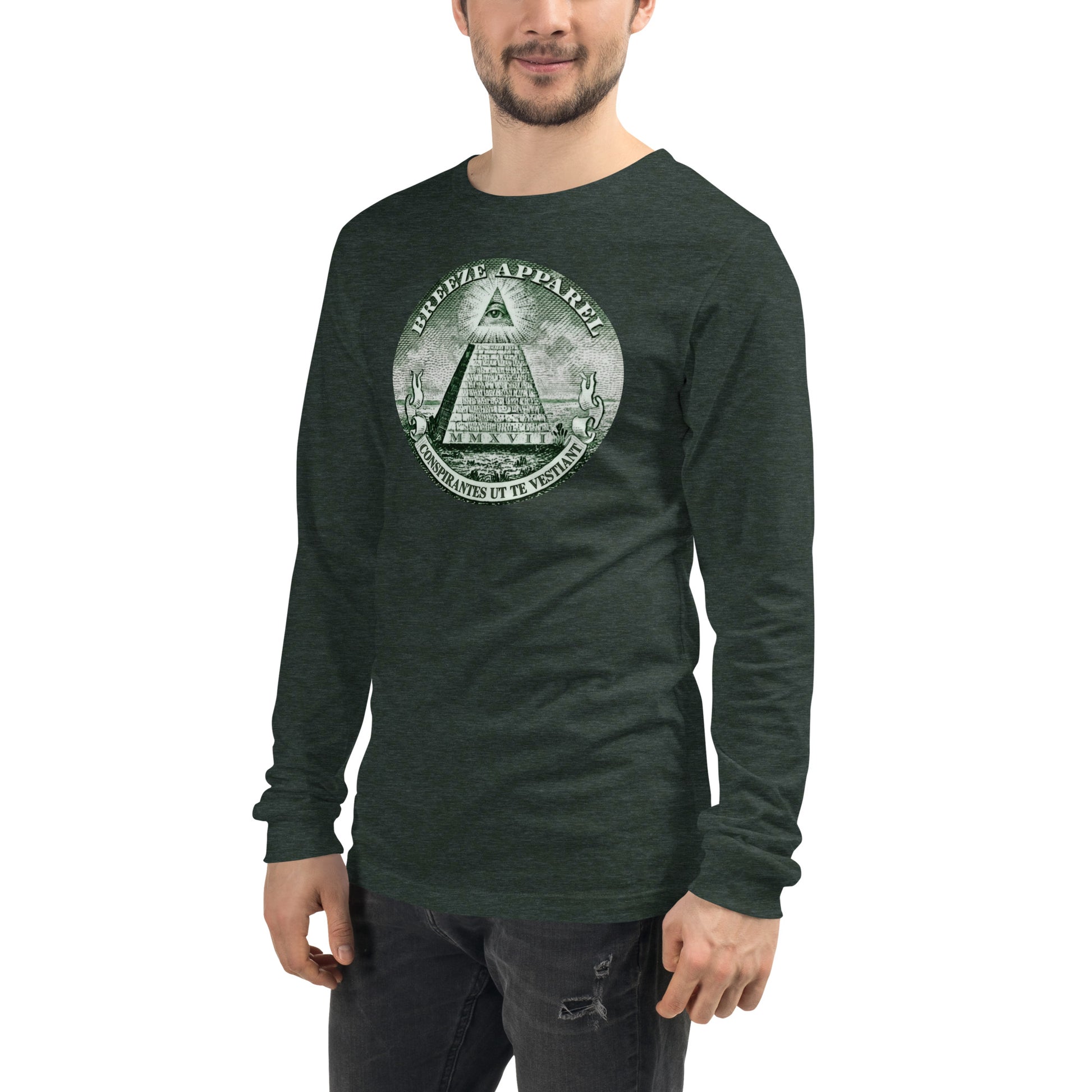 Man wearing green, long-sleeved shirt with graphic resembling pyramid from US one-dollar bill.