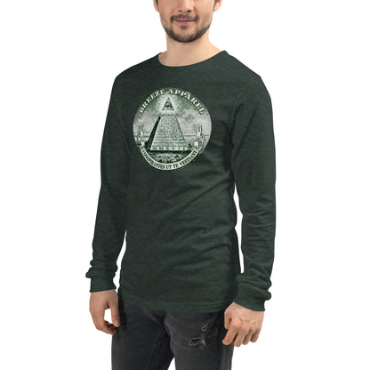 Man wearing green, long-sleeved shirt with graphic resembling pyramid from US one-dollar bill.
