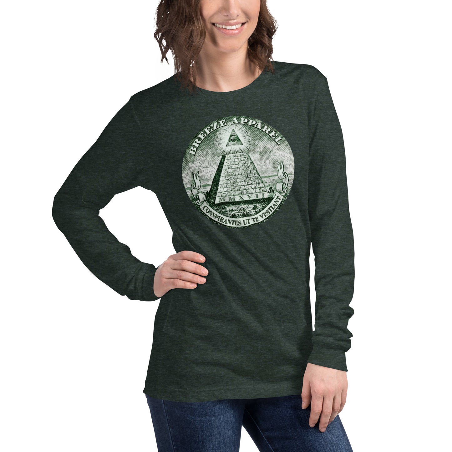 Woman wearing green, long-sleeved shirt with graphic resembling pyramid from US one-dollar bill.