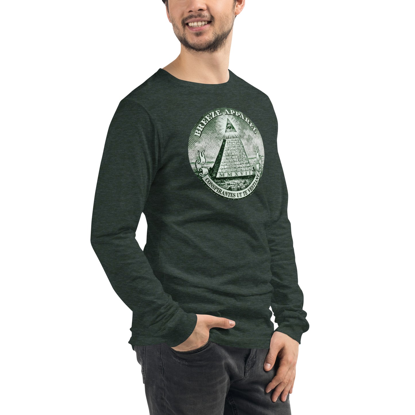 Man wearing green, long-sleeved shirt with graphic resembling pyramid from US one-dollar bill.