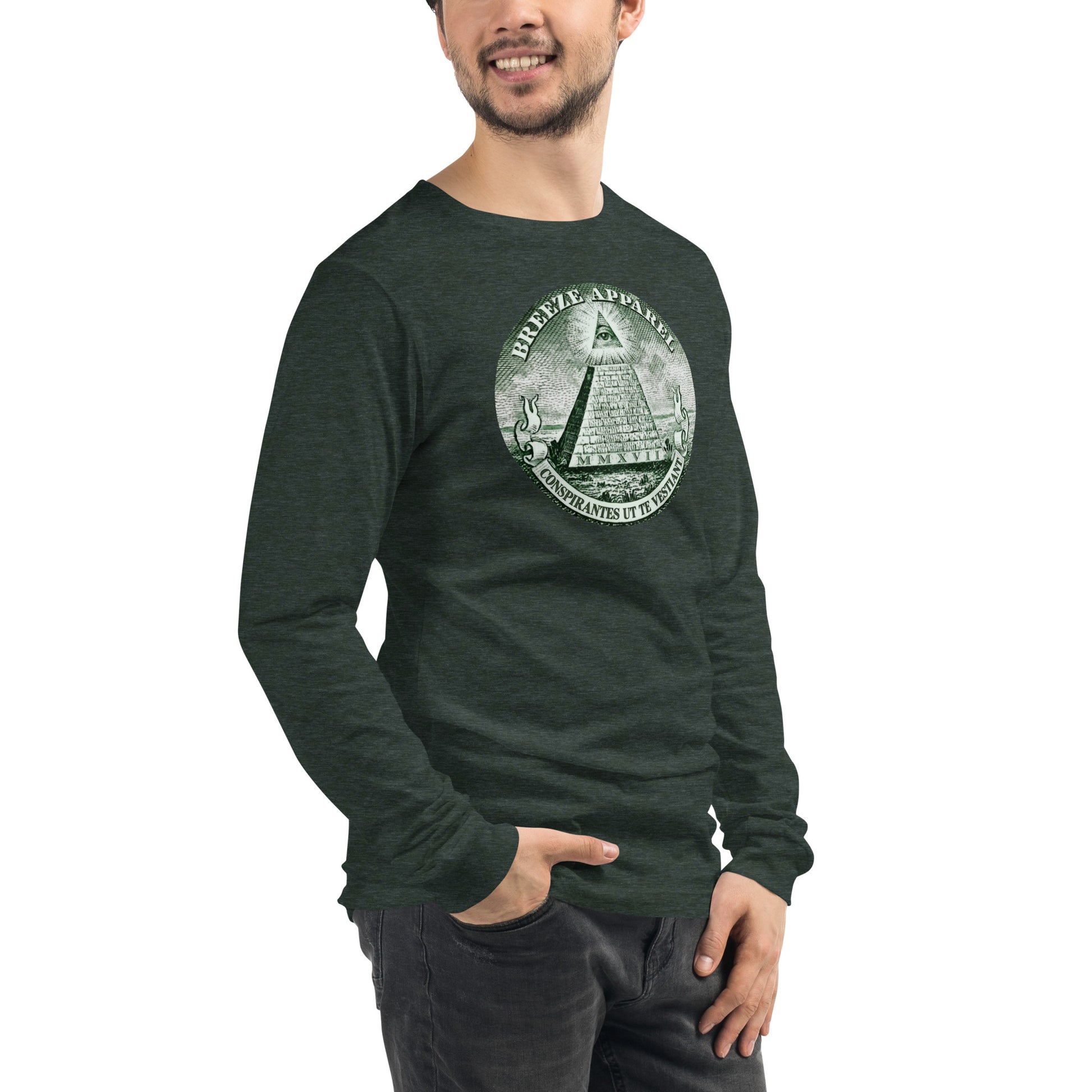 Man wearing green, long-sleeved shirt with graphic resembling pyramid from US one-dollar bill.