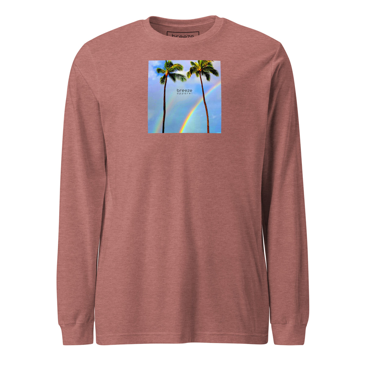 Heather-mauve long-sleeved shirt with a graphic of palm trees, rainbow, and a clear blue sky in the background. A small, black 'breeze apparel' logo is between the trees.