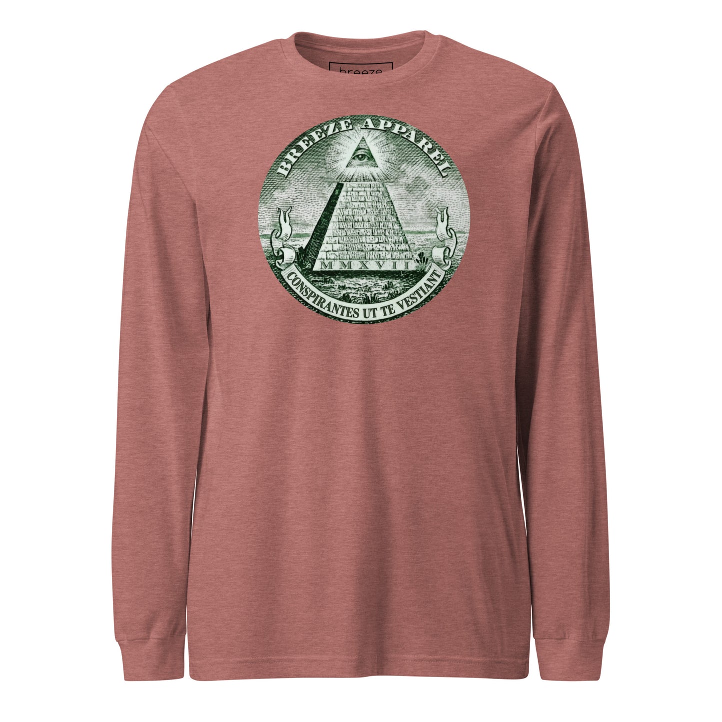 Mauve, long-sleeved shirt with graphic resembling pyramid from US one-dollar bill.