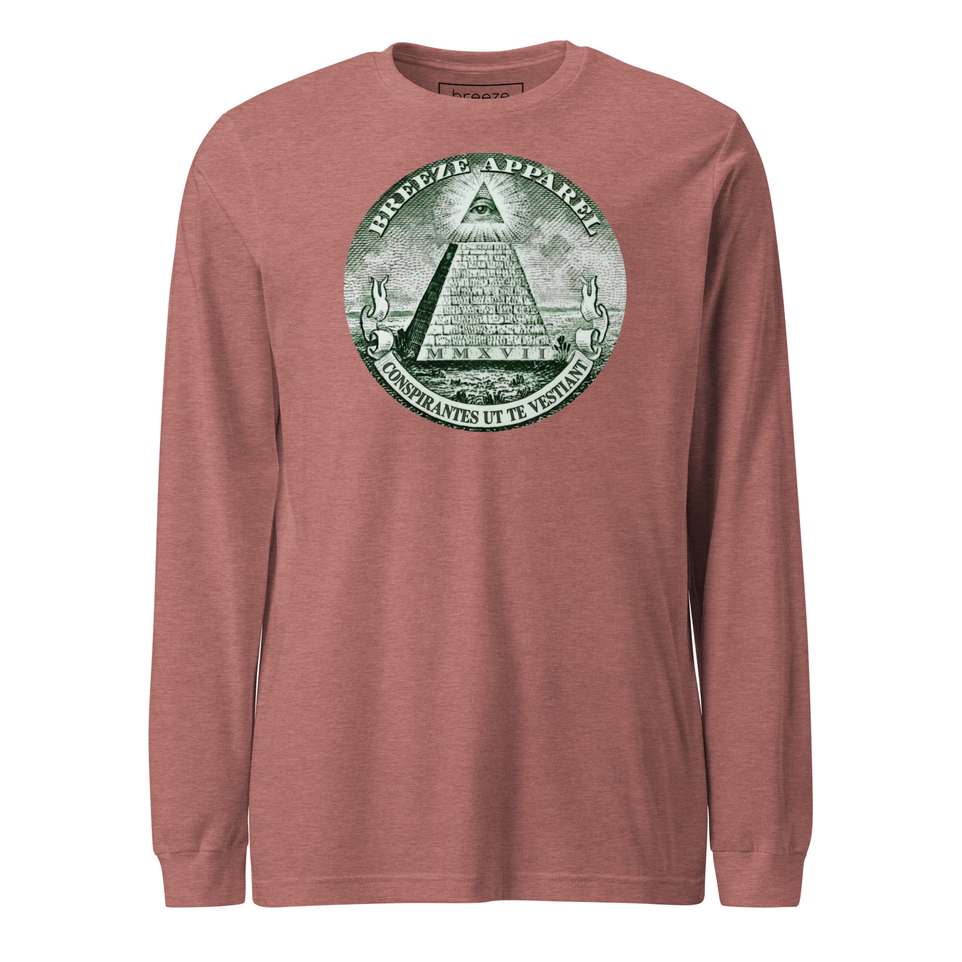 Mauve, long-sleeved shirt with graphic resembling pyramid from US one-dollar bill.