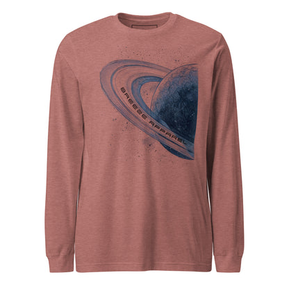 Mauve, long-sleeved shirt with graphic of blue planet.