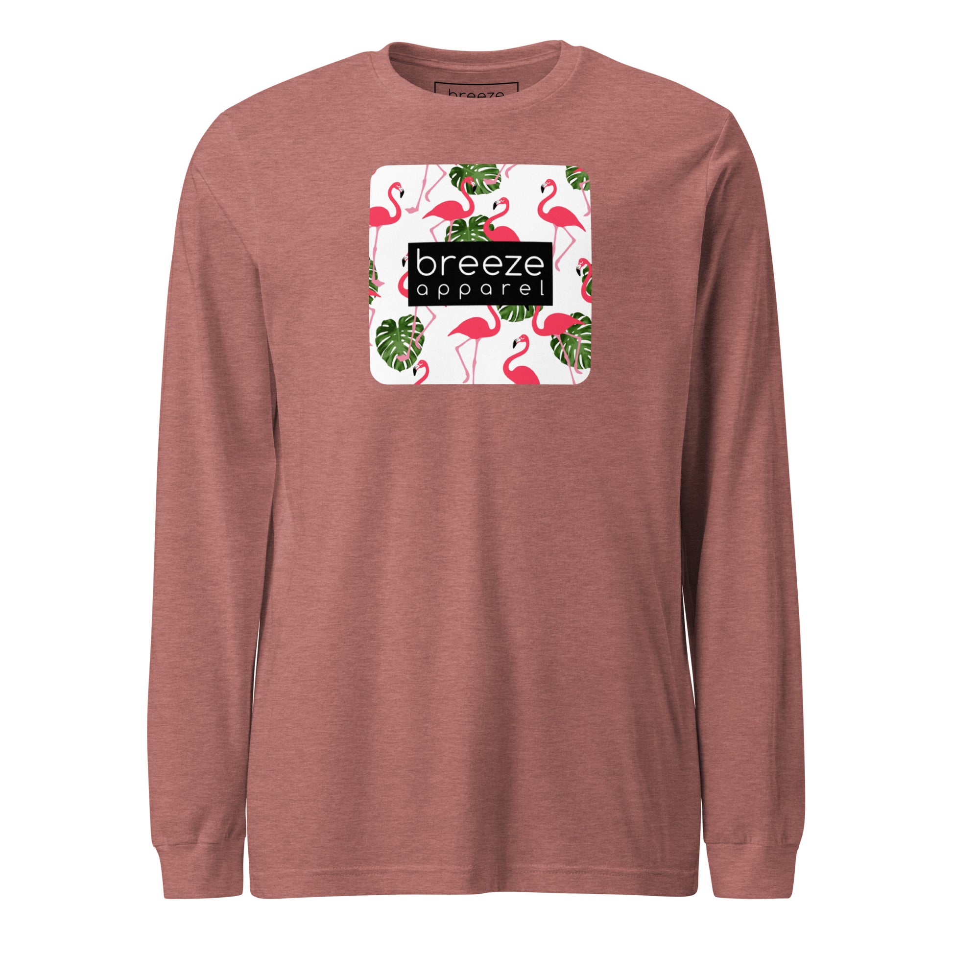 Mauve long-sleeved shirt with pattern of flamingos inside of a square, overlaid with a black box with 'breeze apparel' in white inside.
