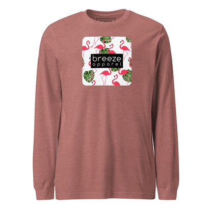 Mauve long-sleeved shirt with pattern of flamingos inside of a square, overlaid with a black box with 'breeze apparel' in white inside.
