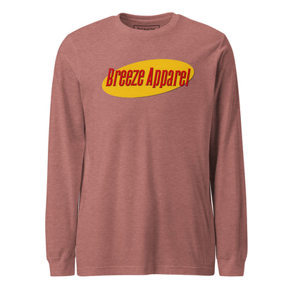 Mauve long-sleeved shirt with graphic of "Breeze Apparel" in red set on a yellow oval.