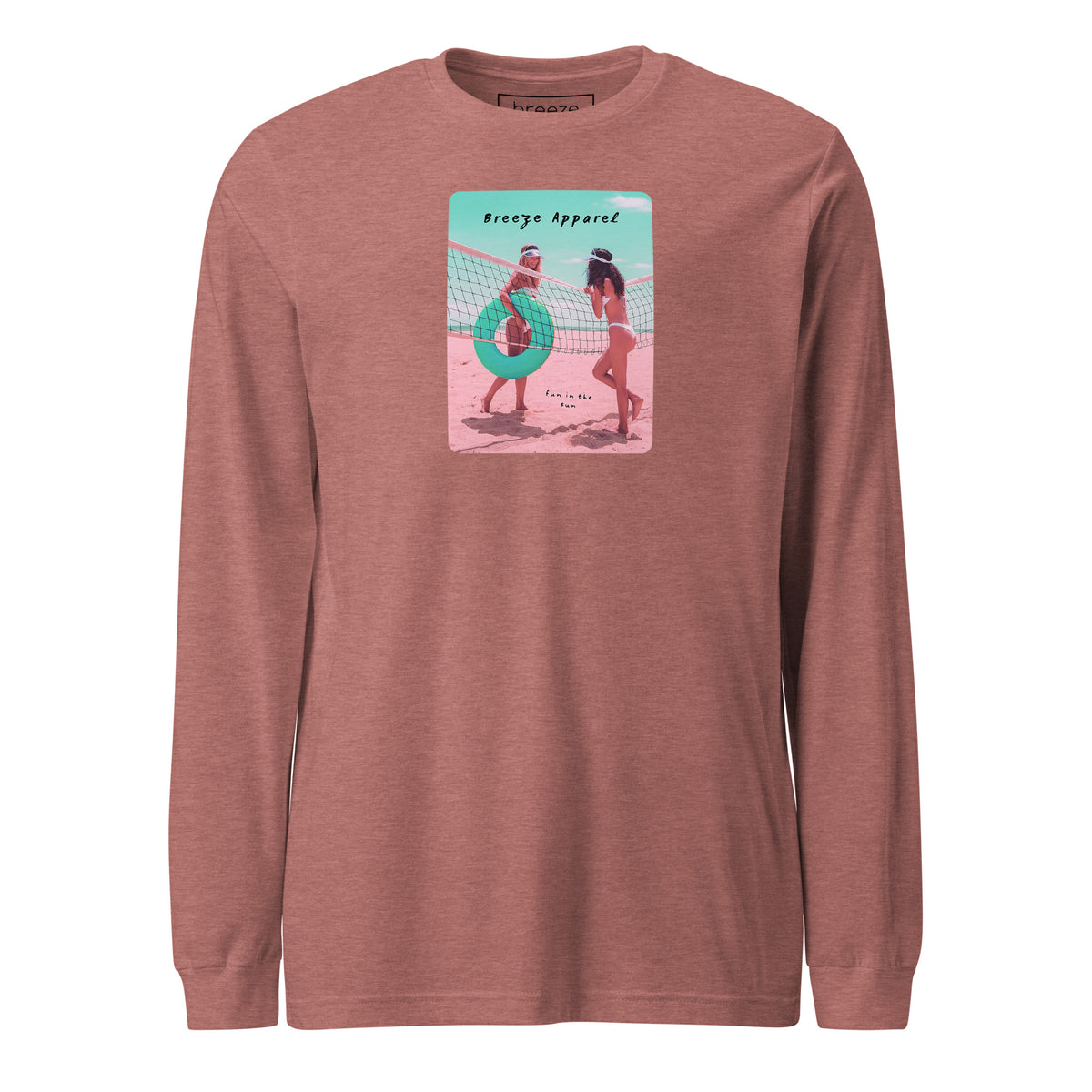 Mauve long-sleeved shirt with colorful graphic of two women on the beach.